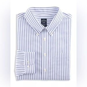 Brooks Brothers Non-Iron Stretch Slim White & Blue Stripes Neck Size 15.5”